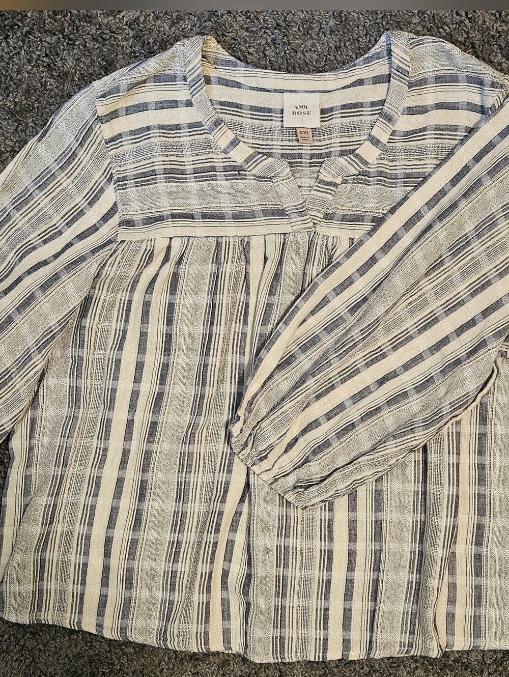 100% Cotton Blue Cream Striped Boho Peasant Blouse XXL Coastal Euro Summer